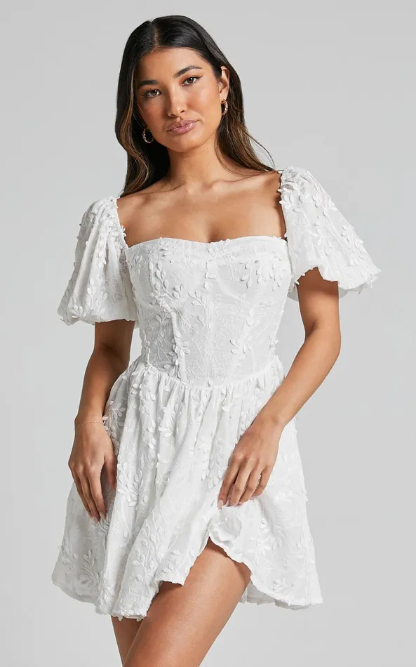 Showpo Esthela Mini Dress 8211 Embroidered Square Neck Short Puff Sleeve Corset In White Floral Women Dresses