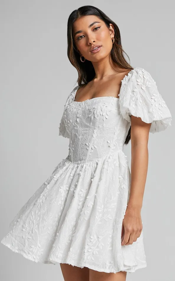 Showpo Esthela Mini Dress 8211 Embroidered Square Neck Short Puff Sleeve Corset In White Floral Women Dresses