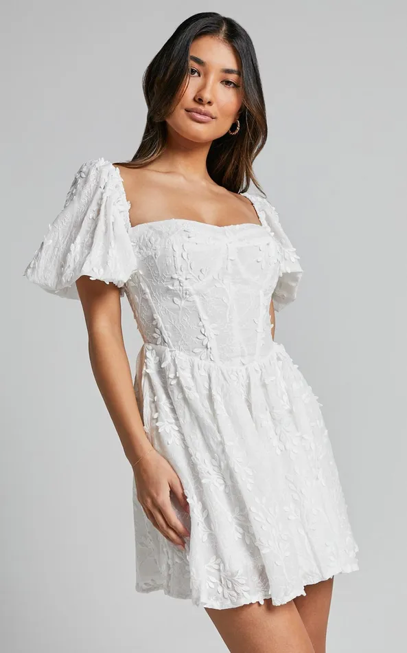 Showpo Esthela Mini Dress 8211 Embroidered Square Neck Short Puff Sleeve Corset In White Floral Women Dresses