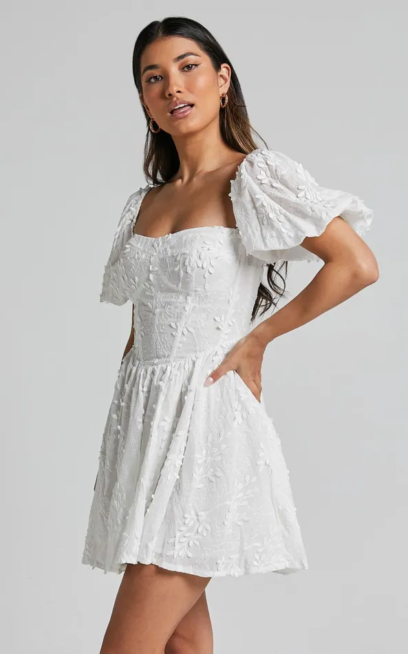 Showpo Esthela Mini Dress 8211 Embroidered Square Neck Short Puff Sleeve Corset In White Floral Women Dresses