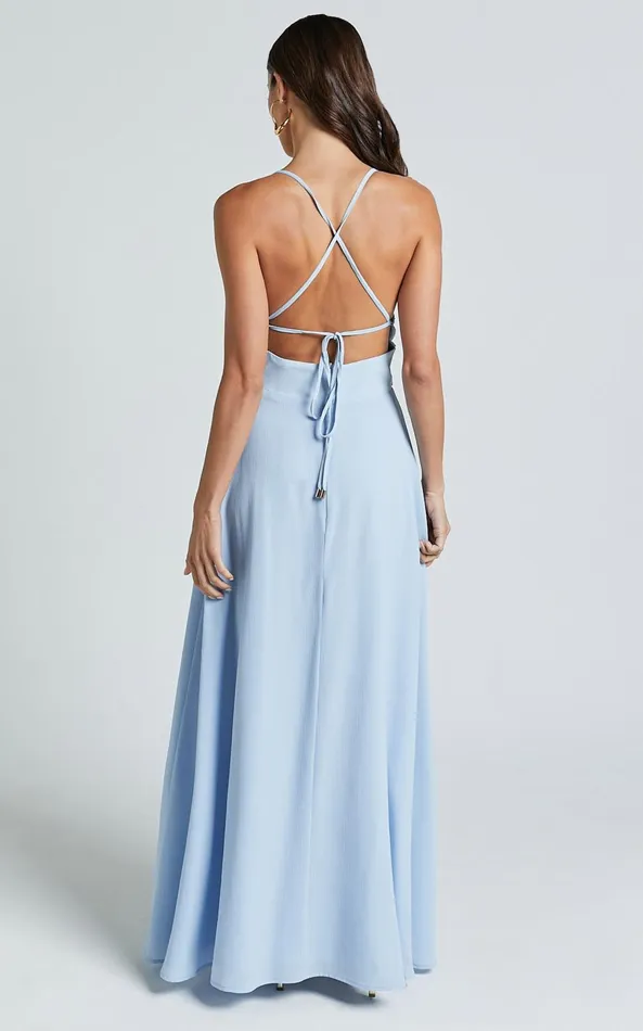 Showpo Esther Midi Dress 8211 Plunge Backless Thigh Split Dress In Light Blue Women Dresses