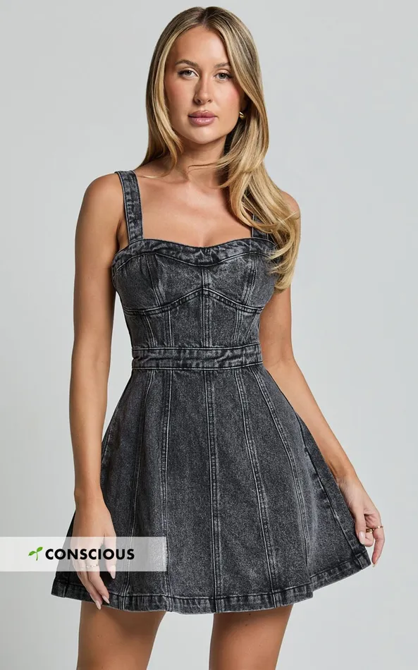Showpo Estonia Mini Dress 8211 Denim Dress In Washed Black Women Dresses