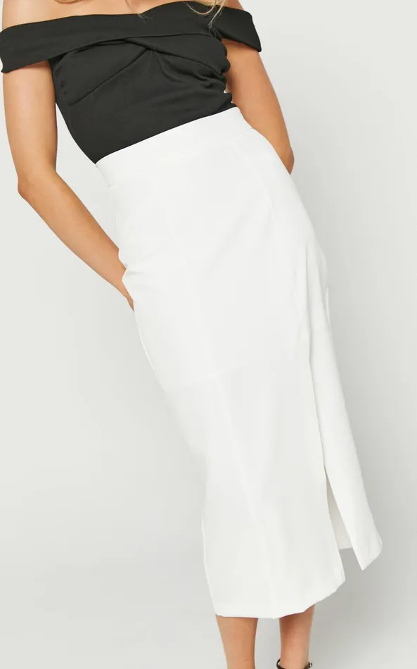 Showpo Etha Midi Skirt 8211 High Waisted Split Pencil Skirt In White Women Skirts