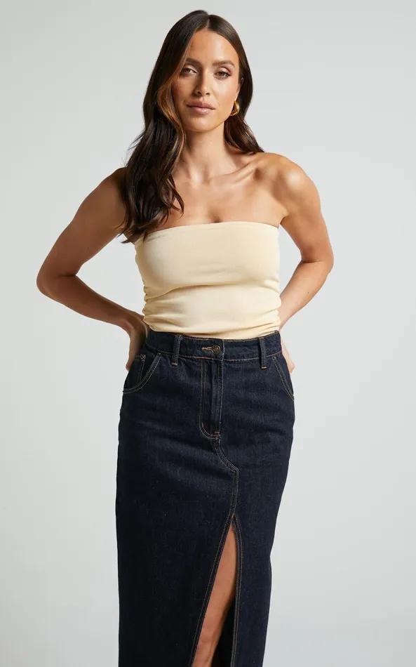 Showpo Ethan Top 8211 Strapless Knit Top In Sand Women Basics