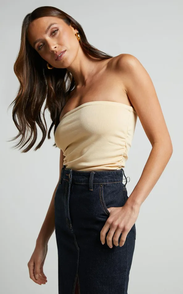 Showpo Ethan Top 8211 Strapless Knit Top In Sand Women Basics
