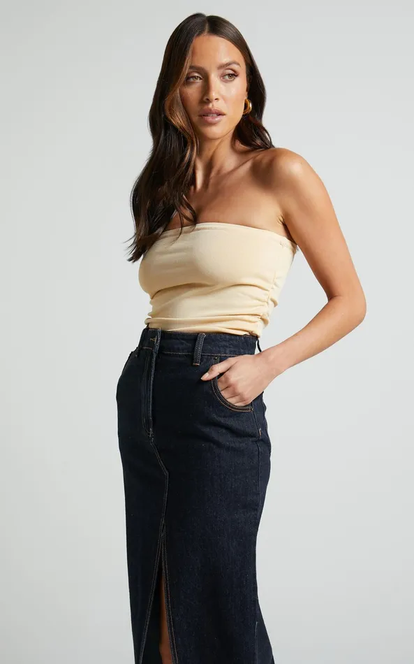 Showpo Ethan Top 8211 Strapless Knit Top In Sand Women Basics