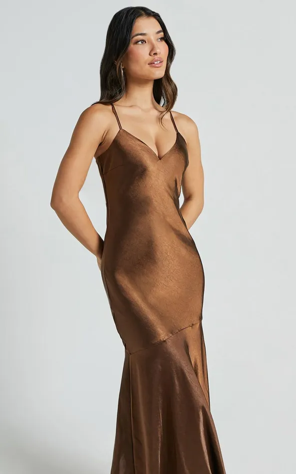 Showpo Etienne Midi Dress 8211 Asymmetric Hem Satin Slip Dress In Chocolate Women Dresses