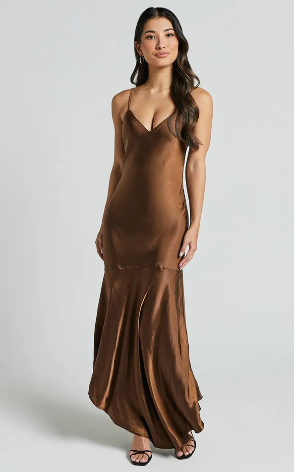 Showpo Etienne Midi Dress 8211 Asymmetric Hem Satin Slip Dress In Chocolate Women Dresses
