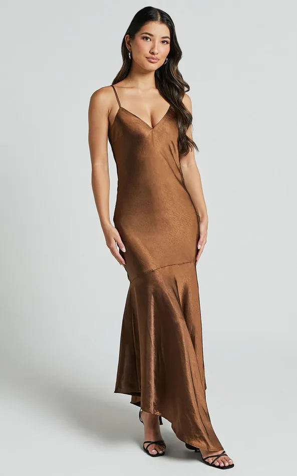 Showpo Etienne Midi Dress 8211 Asymmetric Hem Satin Slip Dress In Chocolate Women Dresses