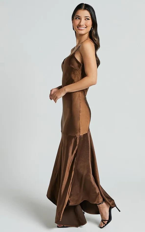 Showpo Etienne Midi Dress 8211 Asymmetric Hem Satin Slip Dress In Chocolate Women Dresses