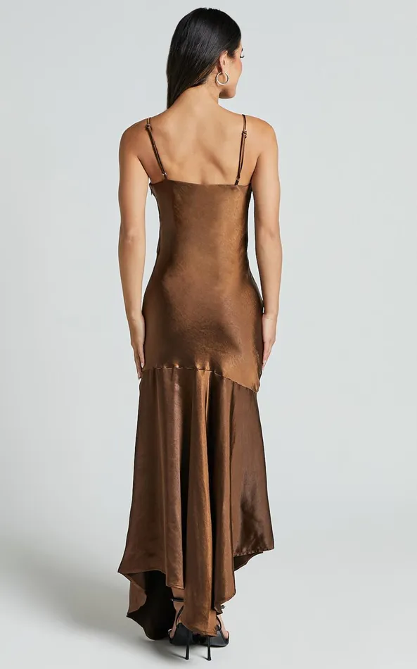 Showpo Etienne Midi Dress 8211 Asymmetric Hem Satin Slip Dress In Chocolate Women Dresses