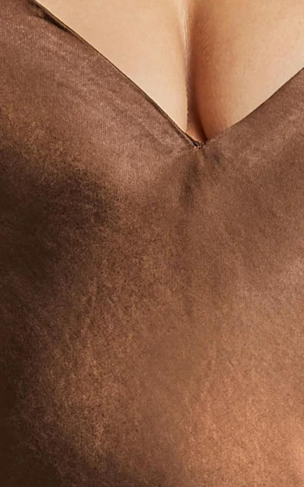 Showpo Etienne Midi Dress 8211 Asymmetric Hem Satin Slip Dress In Chocolate Women Dresses