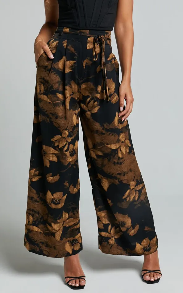 Showpo Etta Pants 8211 High Waist Wide Leg Satin Pants In Amber Floral Print Women Pants