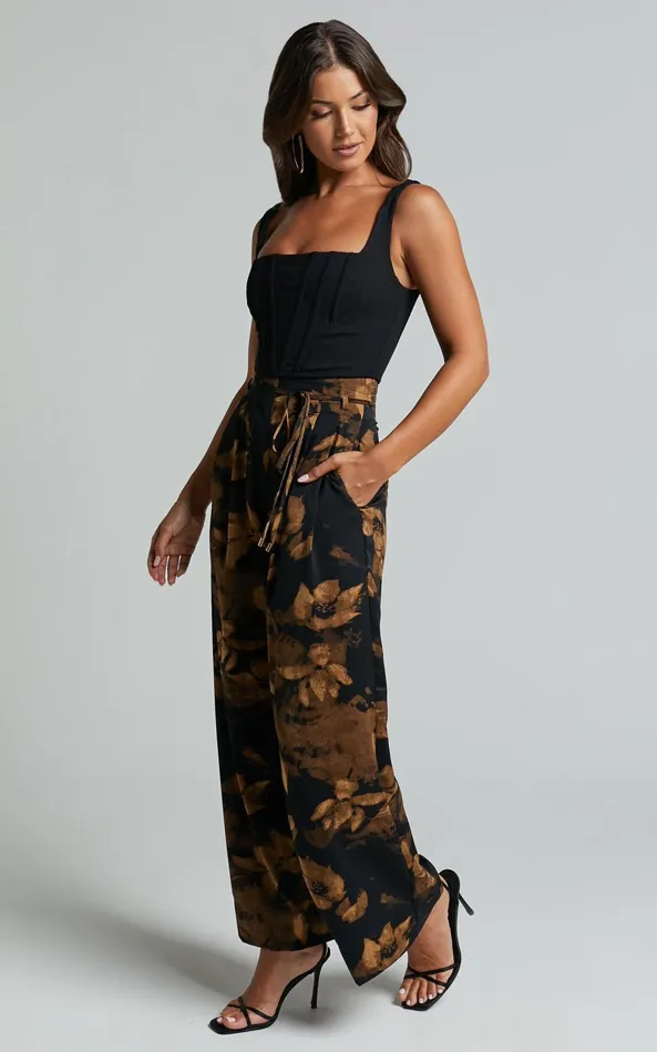 Showpo Etta Pants 8211 High Waist Wide Leg Satin Pants In Amber Floral Print Women Pants