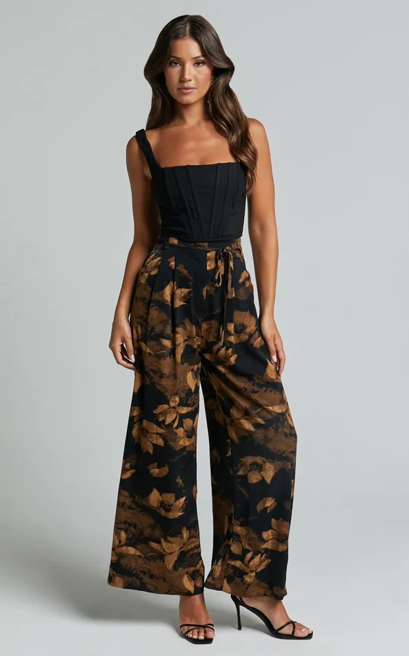Showpo Etta Pants 8211 High Waist Wide Leg Satin Pants In Amber Floral Print Women Pants