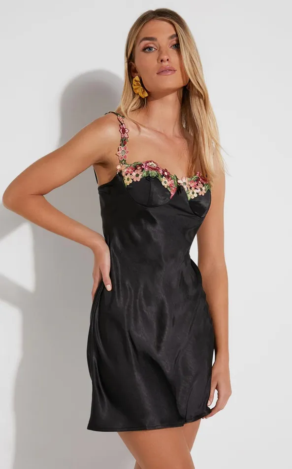 Showpo Euphony Mini Dress Floral Detail Cup Bust Satin Dress In Black Women Dresses Showpo Euphony Mini Dress Floral Detail Cup Bust Satin Dress In Black Women Dresses