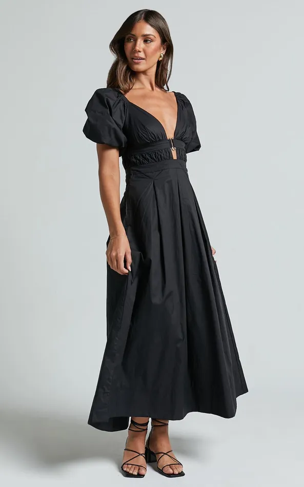 Showpo Eva Maxi Dress 8211 Plunge Neck Puff Sleeve Cotton Poplin Dress In Black Women Dresses