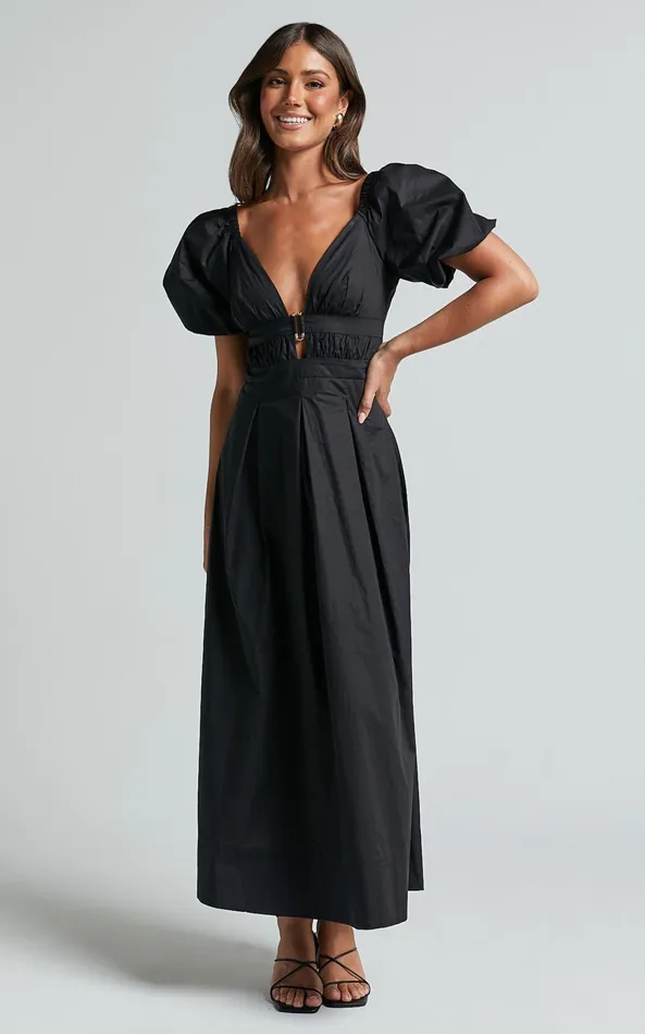 Showpo Eva Maxi Dress 8211 Plunge Neck Puff Sleeve Cotton Poplin Dress In Black Women Dresses