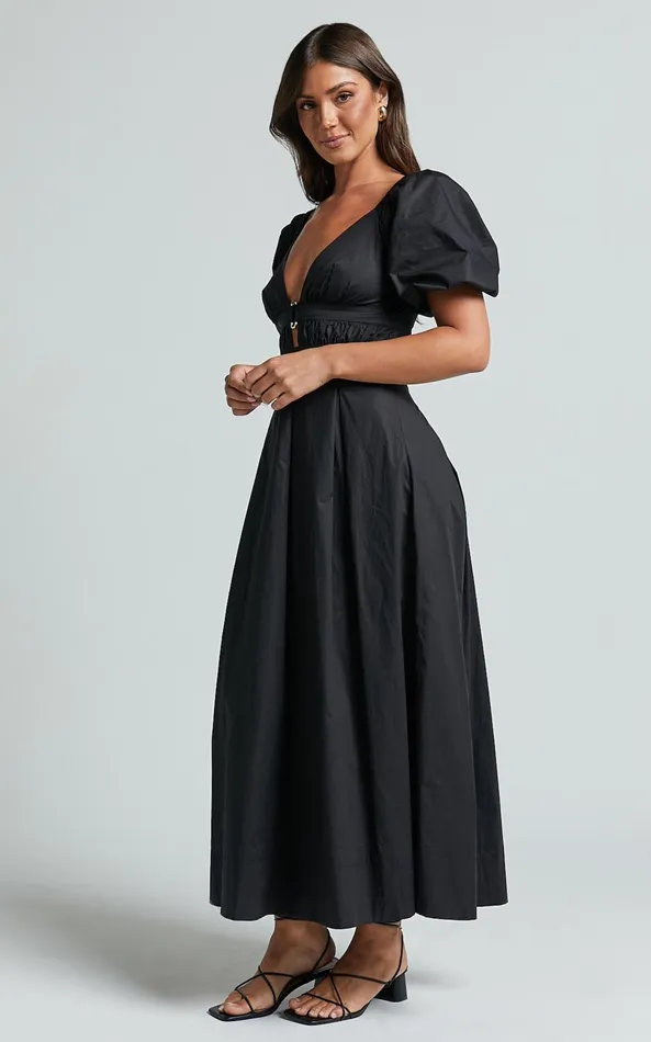 Showpo Eva Maxi Dress 8211 Plunge Neck Puff Sleeve Cotton Poplin Dress In Black Women Dresses