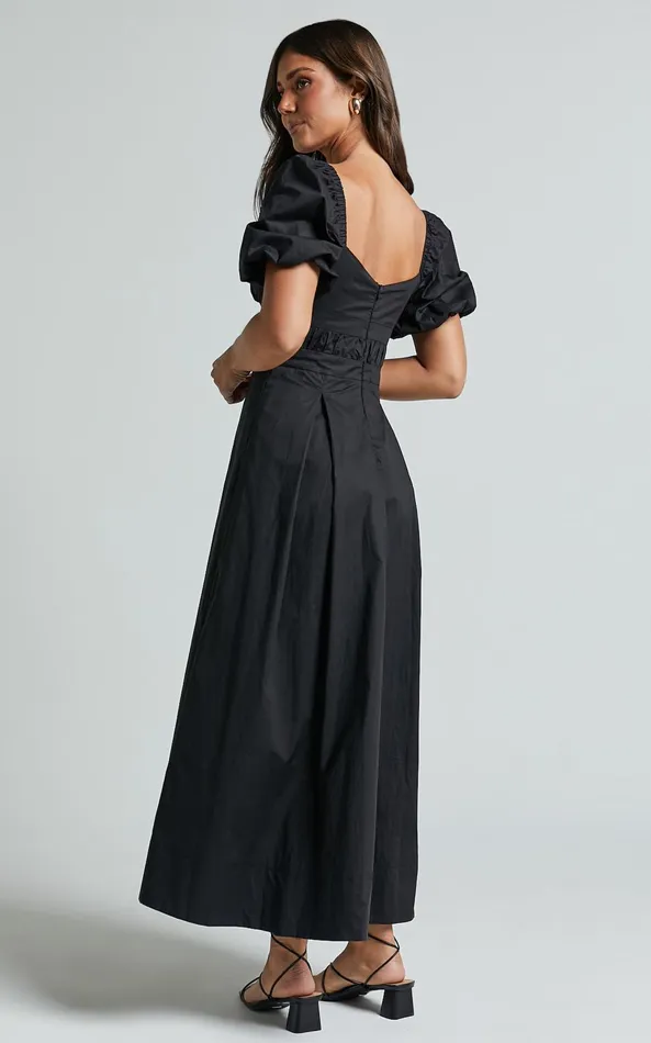 Showpo Eva Maxi Dress 8211 Plunge Neck Puff Sleeve Cotton Poplin Dress In Black Women Dresses