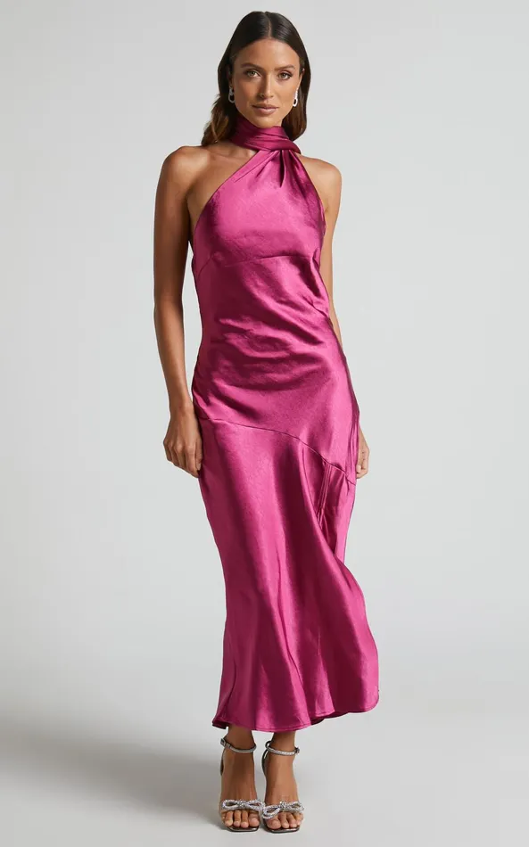 Showpo Evana Midi Dress 8211 High Asymmetrical Neck Satin Slip Dress In FUSCHIA Women Dresses Showpo Evana Midi Dress 8211 High Asymmetrical Neck Satin Slip Dress In FUSCHIA Women Dresses