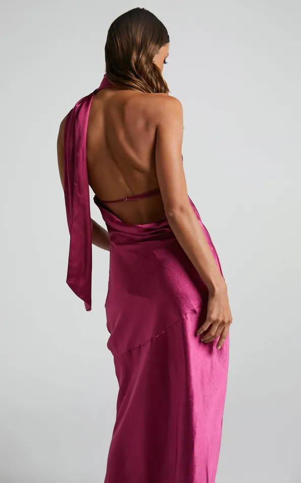 Showpo Evana Midi Dress 8211 High Asymmetrical Neck Satin Slip Dress In FUSCHIA Women Dresses