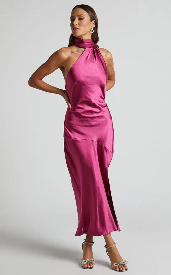 Showpo Evana Midi Dress 8211 High Asymmetrical Neck Satin Slip Dress In FUSCHIA Women Dresses