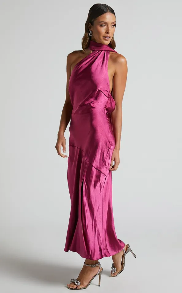 Showpo Evana Midi Dress 8211 High Asymmetrical Neck Satin Slip Dress In FUSCHIA Women Dresses
