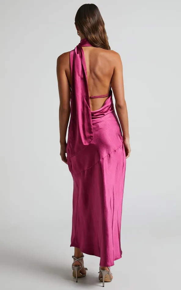 Showpo Evana Midi Dress 8211 High Asymmetrical Neck Satin Slip Dress In FUSCHIA Women Dresses
