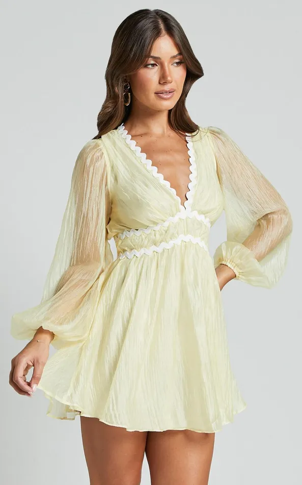 Showpo Evangeline Mini Dress 8211 Wavy V Neck Long Sleeve Dress In Lemon Women Dresses Showpo Evangeline Mini Dress 8211 Wavy V Neck Long Sleeve Dress In Lemon Women Dresses