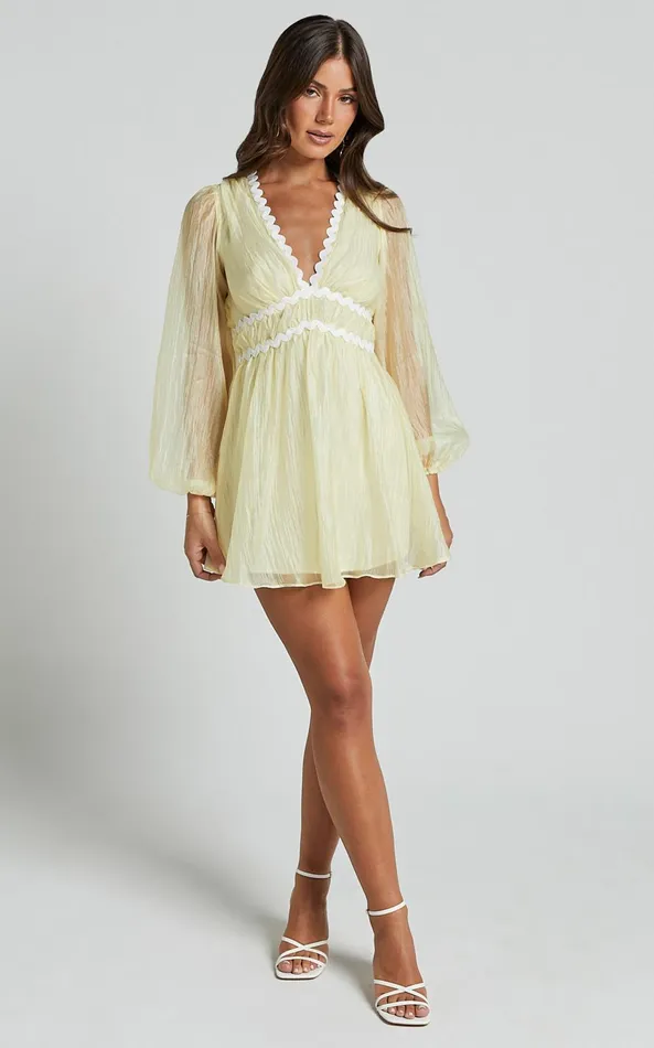 Showpo Evangeline Mini Dress 8211 Wavy V Neck Long Sleeve Dress In Lemon Women Dresses