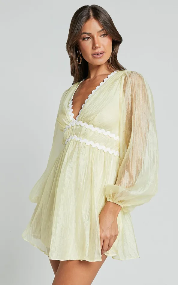 Showpo Evangeline Mini Dress 8211 Wavy V Neck Long Sleeve Dress In Lemon Women Dresses