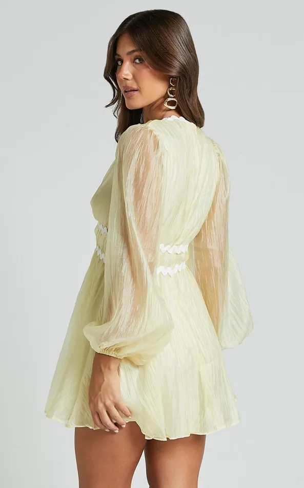 Showpo Evangeline Mini Dress 8211 Wavy V Neck Long Sleeve Dress In Lemon Women Dresses