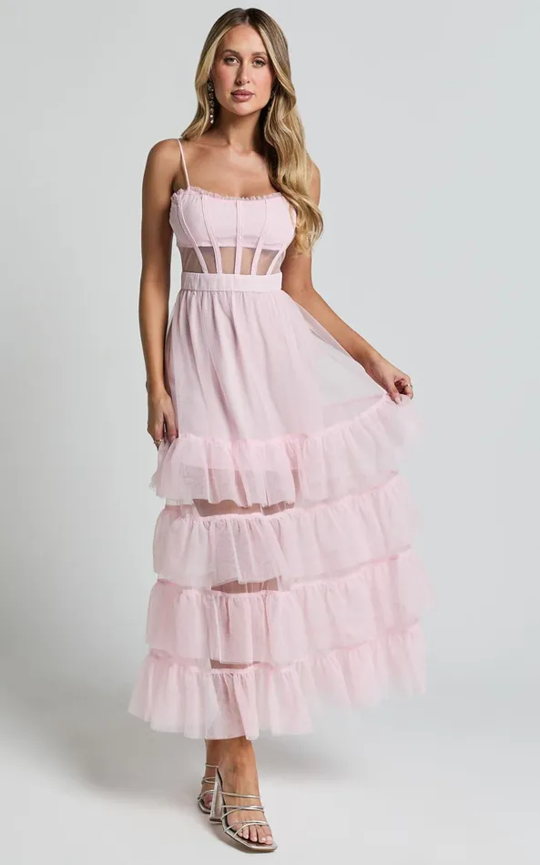 Showpo Evelynn Maxi Dress 8211 Sweetheart Corset Bodice Fit and Flare Tiered In Ballet Pink Women Dresses Showpo Evelynn Maxi Dress 8211 Sweetheart Corset Bodice Fit and Flare Tiered In Ballet Pink Women Dresses