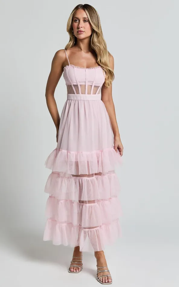 Showpo Evelynn Maxi Dress 8211 Sweetheart Corset Bodice Fit and Flare Tiered In Ballet Pink Women Dresses