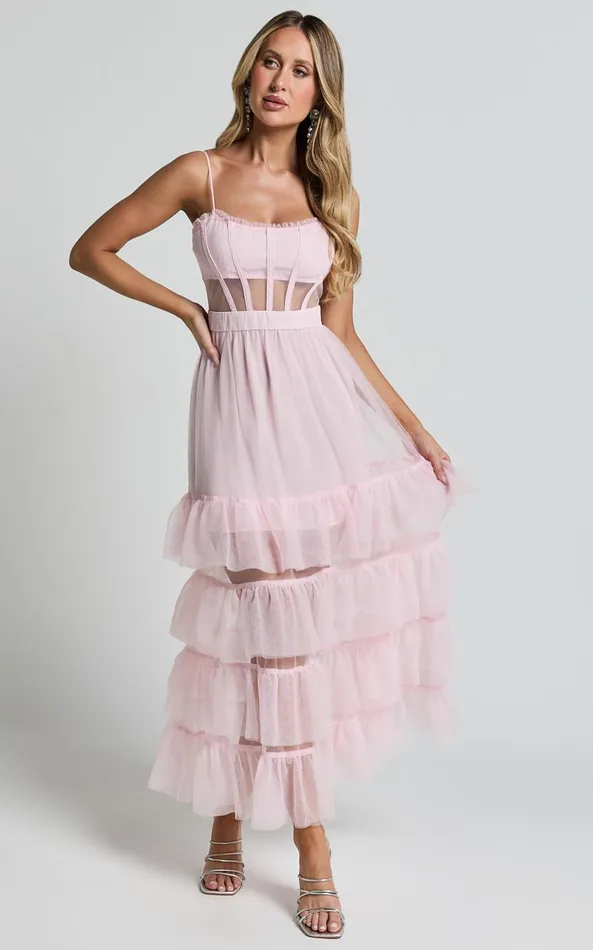 Showpo Evelynn Maxi Dress 8211 Sweetheart Corset Bodice Fit and Flare Tiered In Ballet Pink Women Dresses
