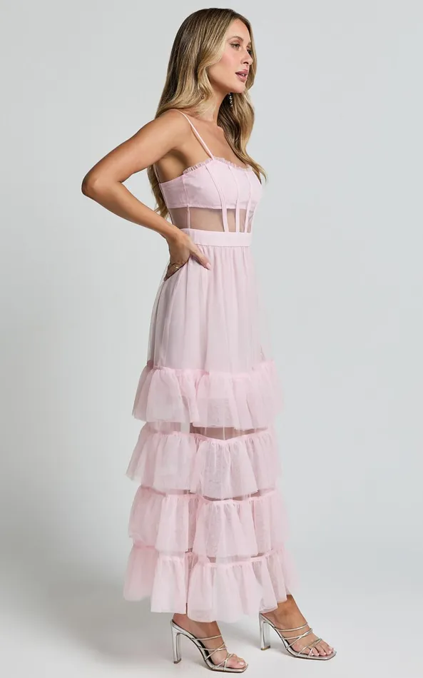 Showpo Evelynn Maxi Dress 8211 Sweetheart Corset Bodice Fit and Flare Tiered In Ballet Pink Women Dresses