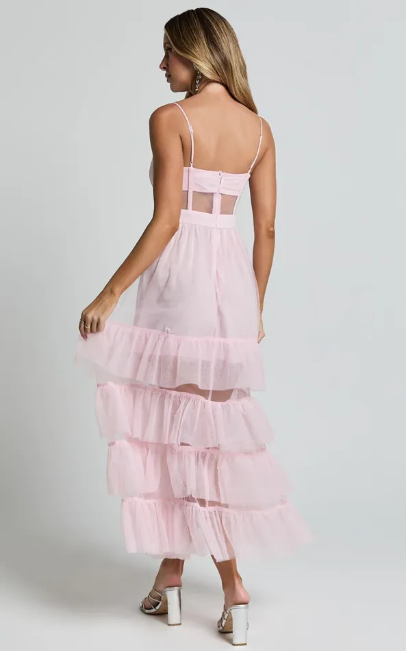 Showpo Evelynn Maxi Dress 8211 Sweetheart Corset Bodice Fit and Flare Tiered In Ballet Pink Women Dresses