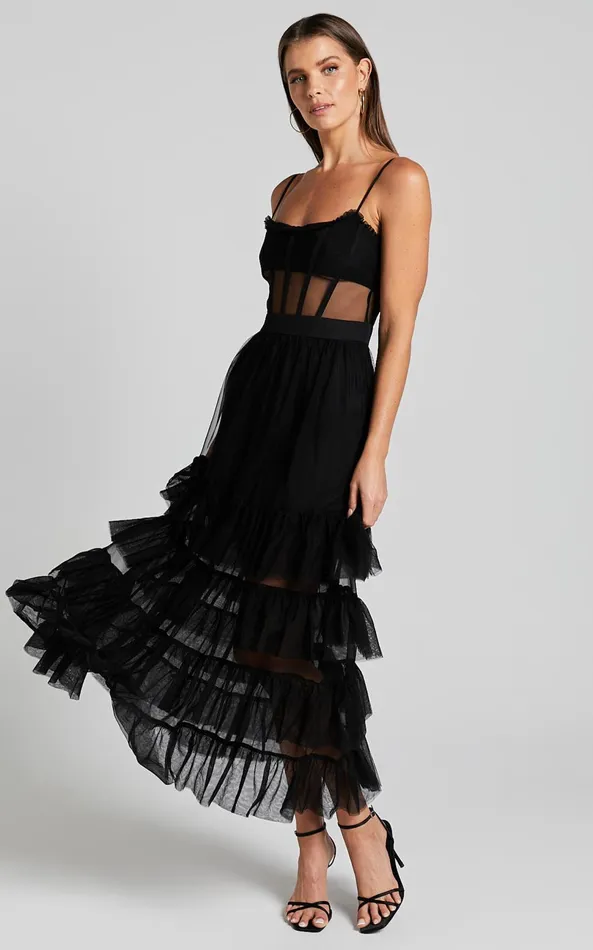 Showpo Evelynn Maxi Dress 8211 Sweetheart Corset Bodice Fit and Flare Tiered In Black Women Dresses Showpo Evelynn Maxi Dress 8211 Sweetheart Corset Bodice Fit and Flare Tiered In Black Women Dresses