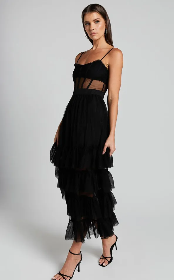 Showpo Evelynn Maxi Dress 8211 Sweetheart Corset Bodice Fit and Flare Tiered In Black Women Dresses