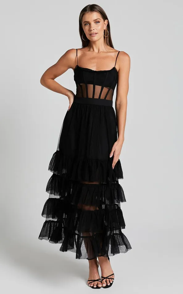 Showpo Evelynn Maxi Dress 8211 Sweetheart Corset Bodice Fit and Flare Tiered In Black Women Dresses
