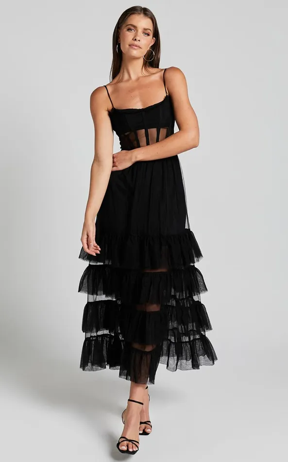 Showpo Evelynn Maxi Dress 8211 Sweetheart Corset Bodice Fit and Flare Tiered In Black Women Dresses