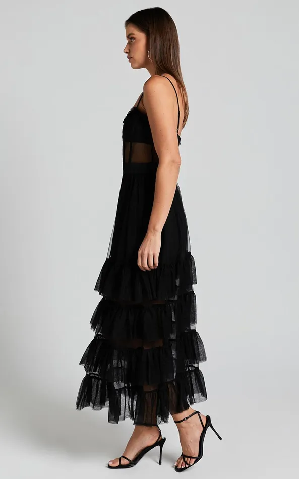 Showpo Evelynn Maxi Dress 8211 Sweetheart Corset Bodice Fit and Flare Tiered In Black Women Dresses