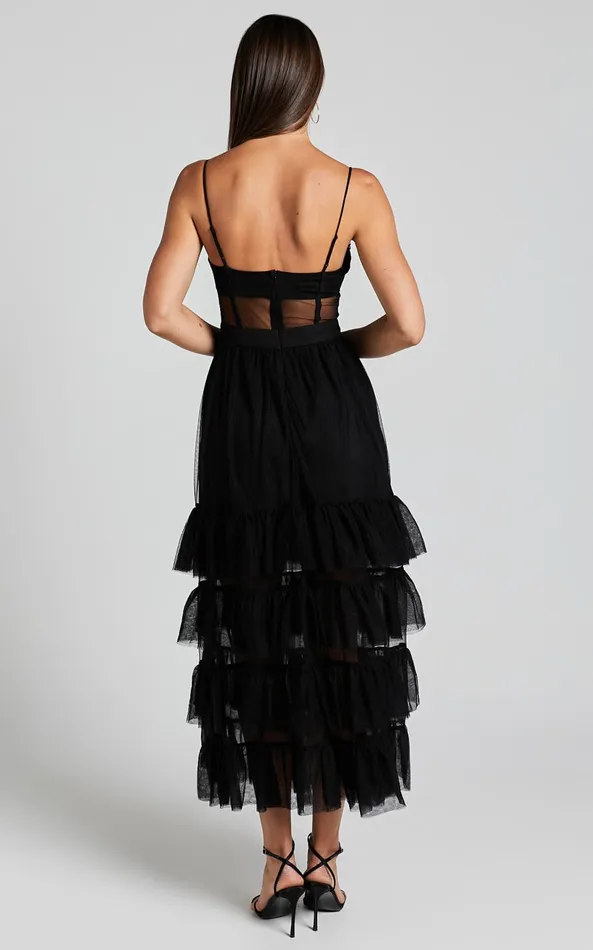 Showpo Evelynn Maxi Dress 8211 Sweetheart Corset Bodice Fit and Flare Tiered In Black Women Dresses