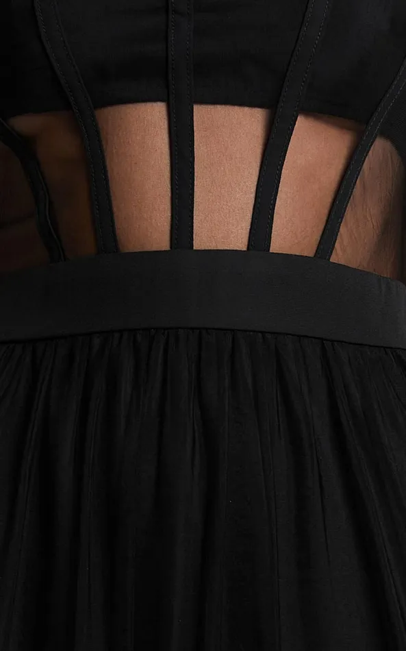 Showpo Evelynn Maxi Dress 8211 Sweetheart Corset Bodice Fit and Flare Tiered In Black Women Dresses