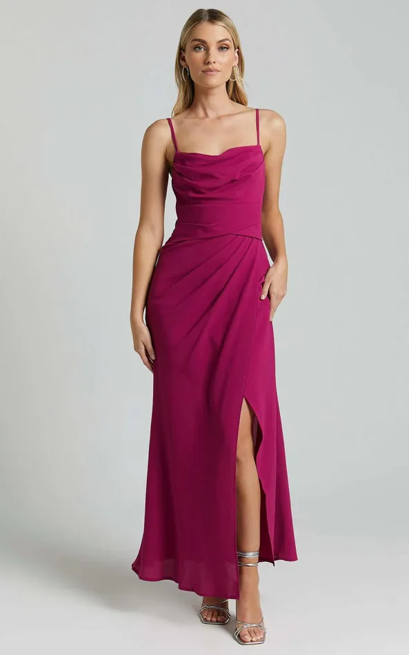 Showpo Everhart Maxi Dress 8211 Strappy Drape Front Tulip In Grape Women Dresses Showpo Everhart Maxi Dress 8211 Strappy Drape Front Tulip In Grape Women Dresses