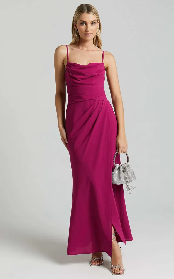 Showpo Everhart Maxi Dress 8211 Strappy Drape Front Tulip In Grape Women Dresses