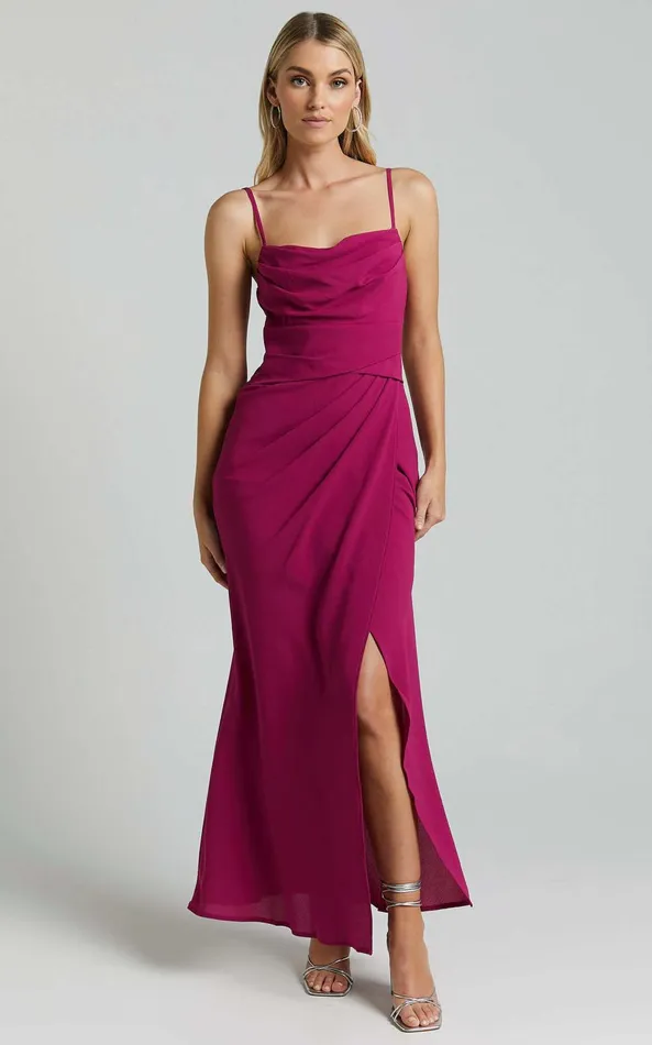 Showpo Everhart Maxi Dress 8211 Strappy Drape Front Tulip In Grape Women Dresses