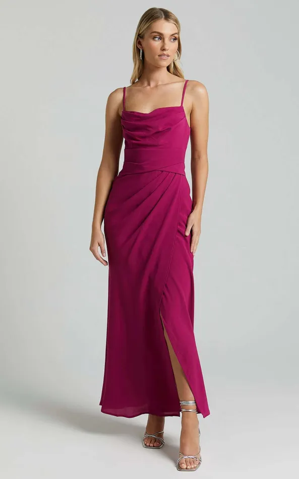 Showpo Everhart Maxi Dress 8211 Strappy Drape Front Tulip In Grape Women Dresses