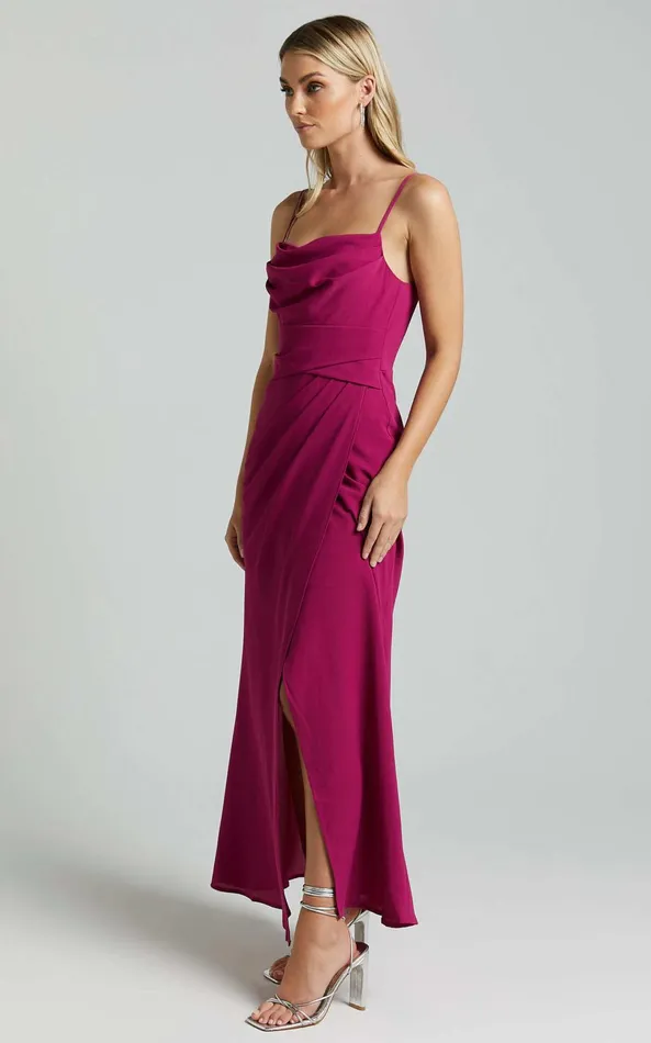 Showpo Everhart Maxi Dress 8211 Strappy Drape Front Tulip In Grape Women Dresses